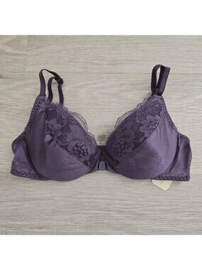 Cacique Open Front Closure Padded Underwire Bra 34B Vintage Purple Lace Lined